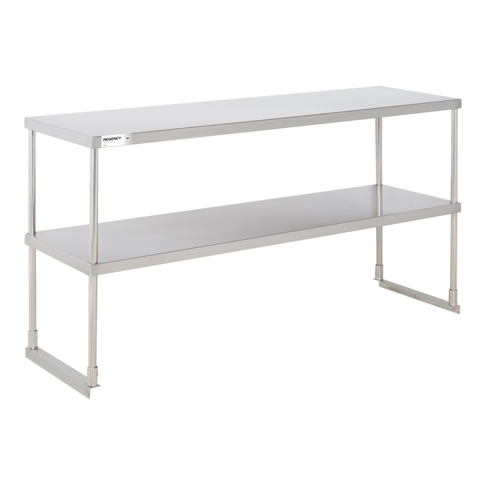 A stainless steel double-deck overshelf with two tiers and four supporting legs.