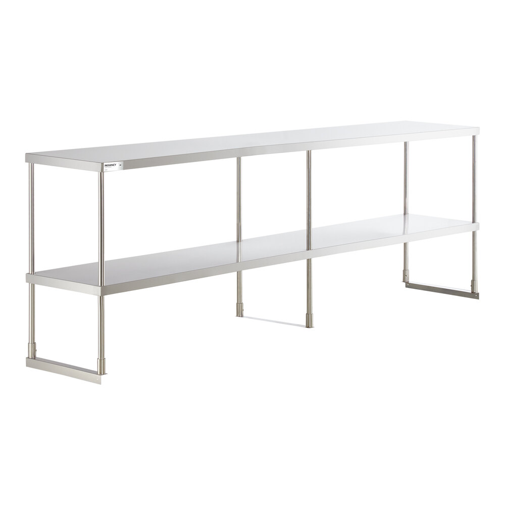 A long, two-tiered stainless steel shelf with four supporting legs and an open design.