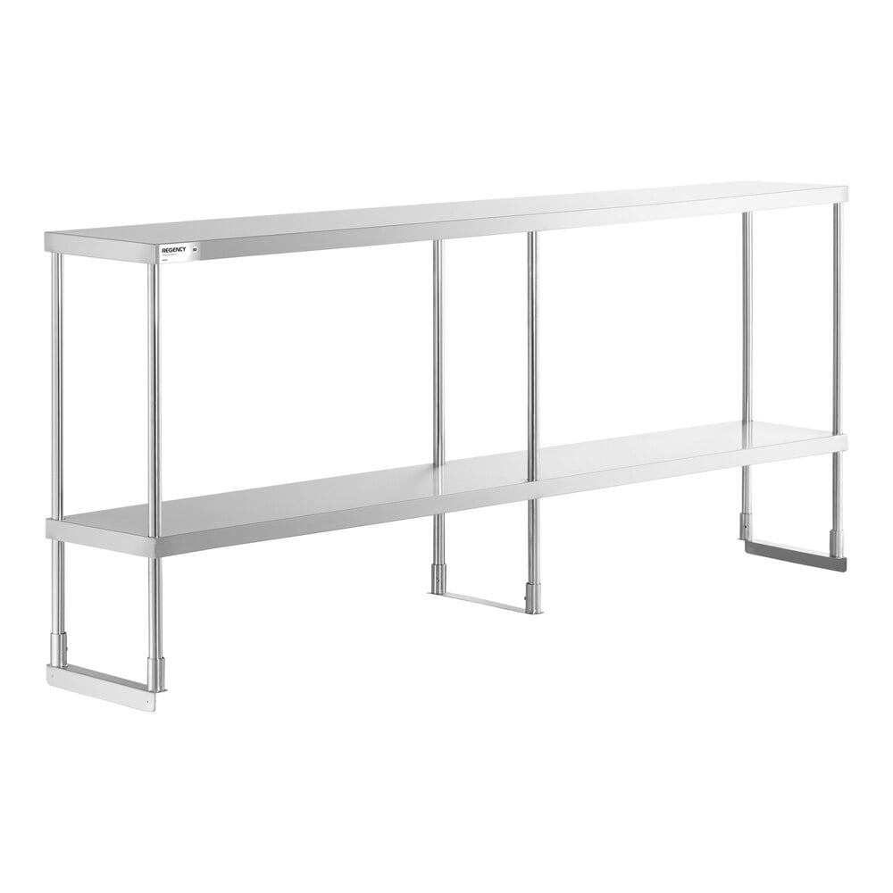 A metal double-deck overshelf with two tiers and a minimalist, open-frame design.