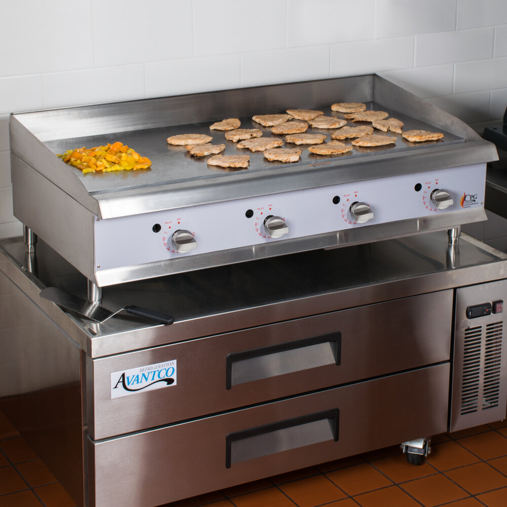 Cooking Performance Group 72GTRBNL 72 Gas Countertop Griddle with  Thermostatic Controls and 72, 4 Drawer Refrigerated