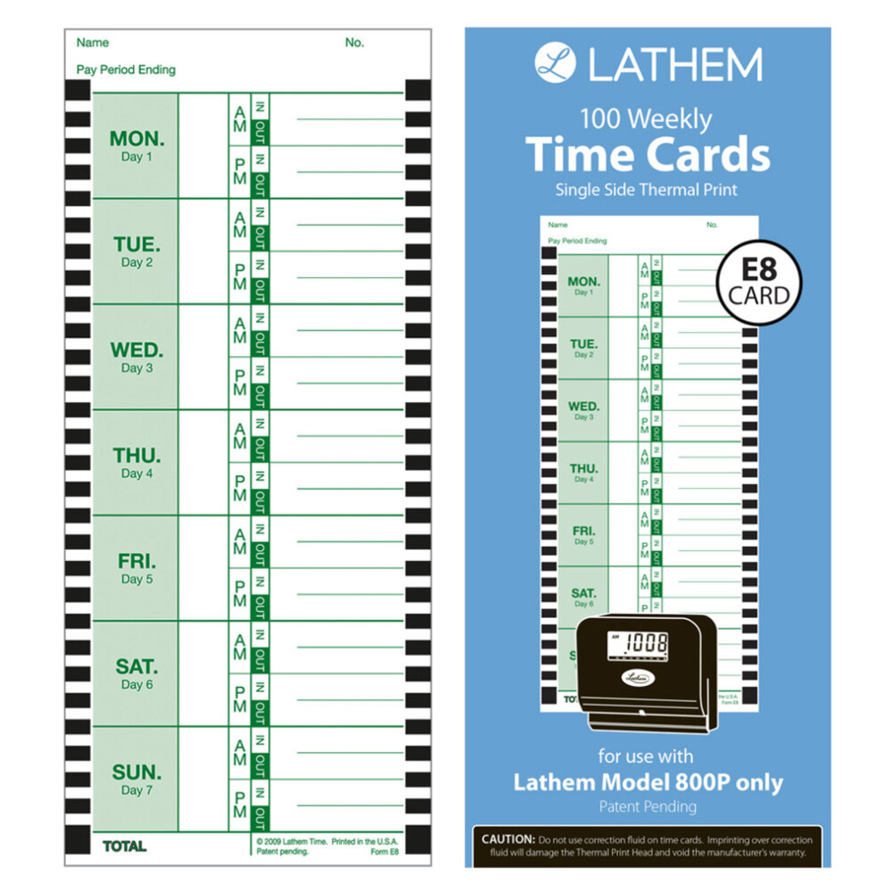 Lathem Time Corporation E8100 Time Card for Lathem Model 800P44; 4 x 944; Weekly44; 1-Sided44; 100/Pack 