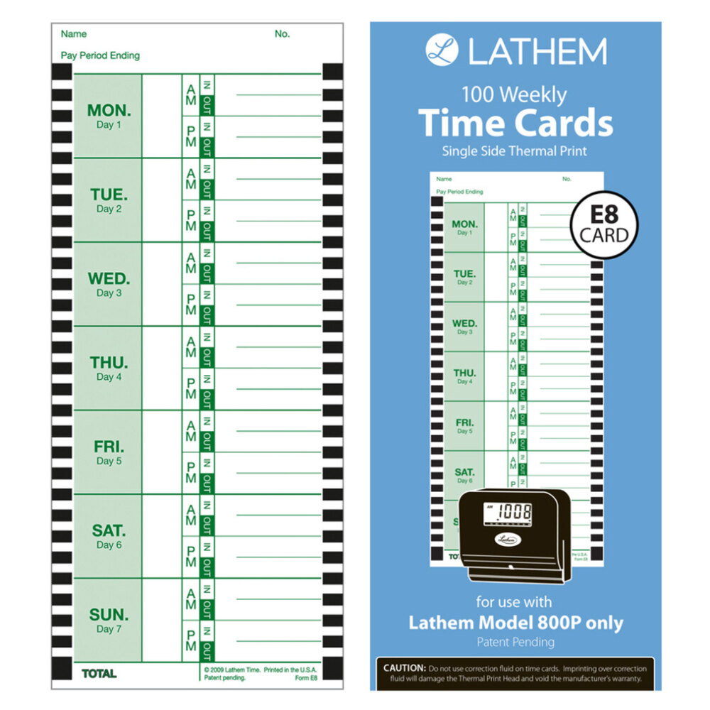 Lathem E8100 4 X 9 Weekly Time Card 100 Pack