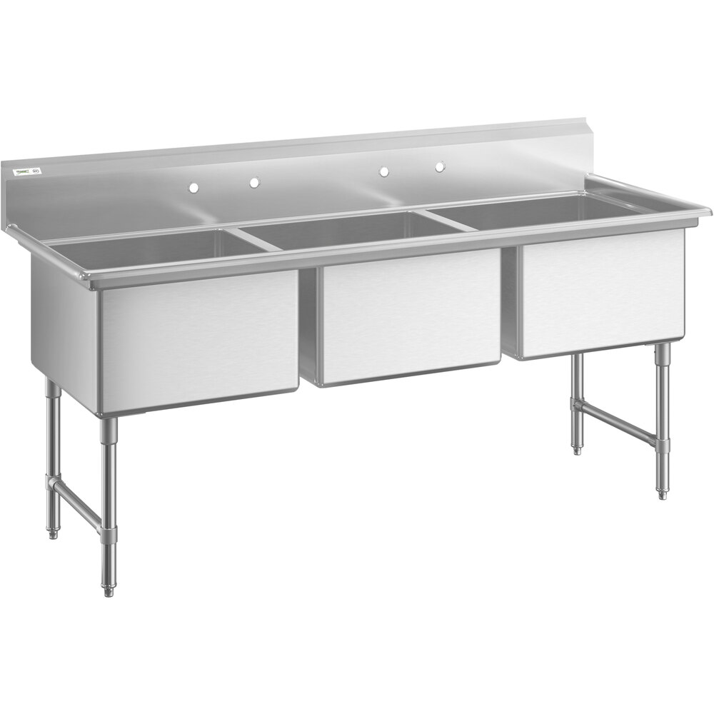 Regency 16 Gauge Stainless Steel Three Compartment Commercial Sink - 24 inch x 24 inch x 14 inch Bowls