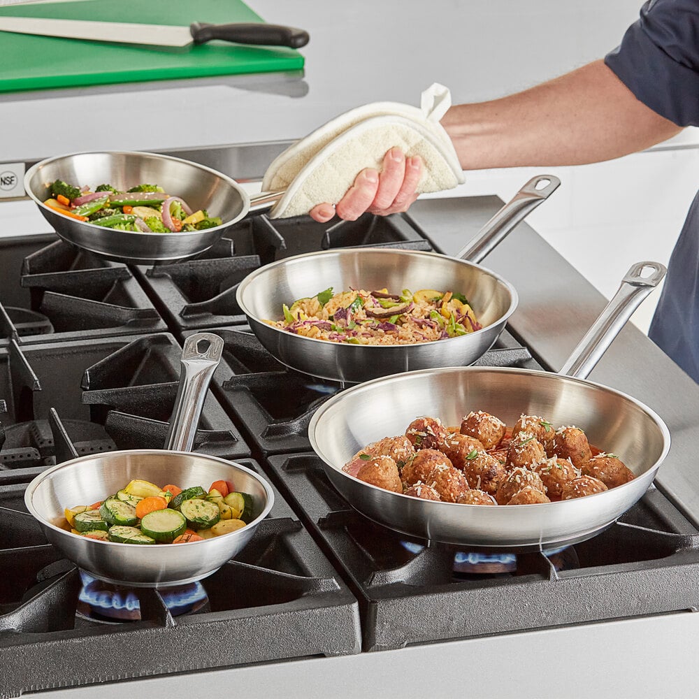 Vigor SS1 Series 5 Qt. Stainless Steel Aluminum-Clad Saute Pan with Lid and  Helper Handle