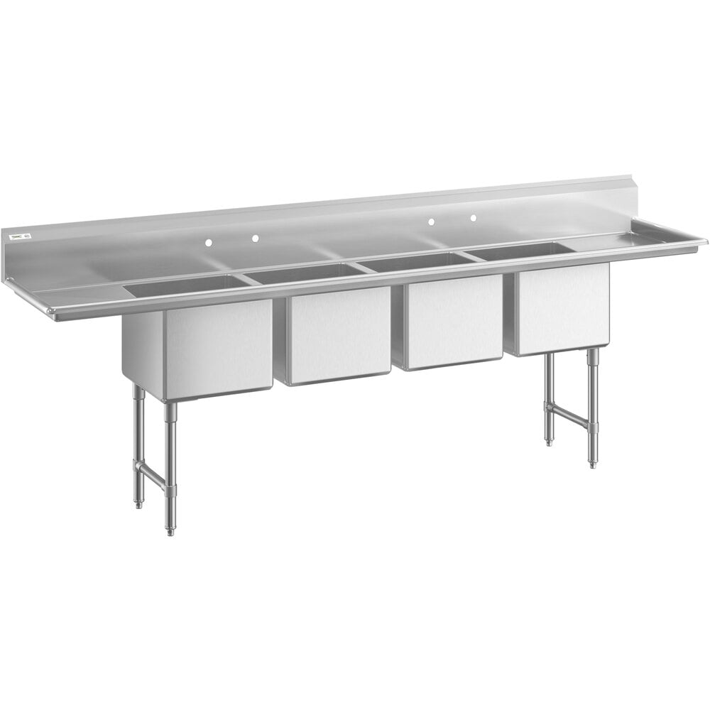 Regency 16 Gauge Stainless Steel Four Compartment Commercial Sink with Two Drainboards - 18 inch x 18 inch x 14 inch Bowls