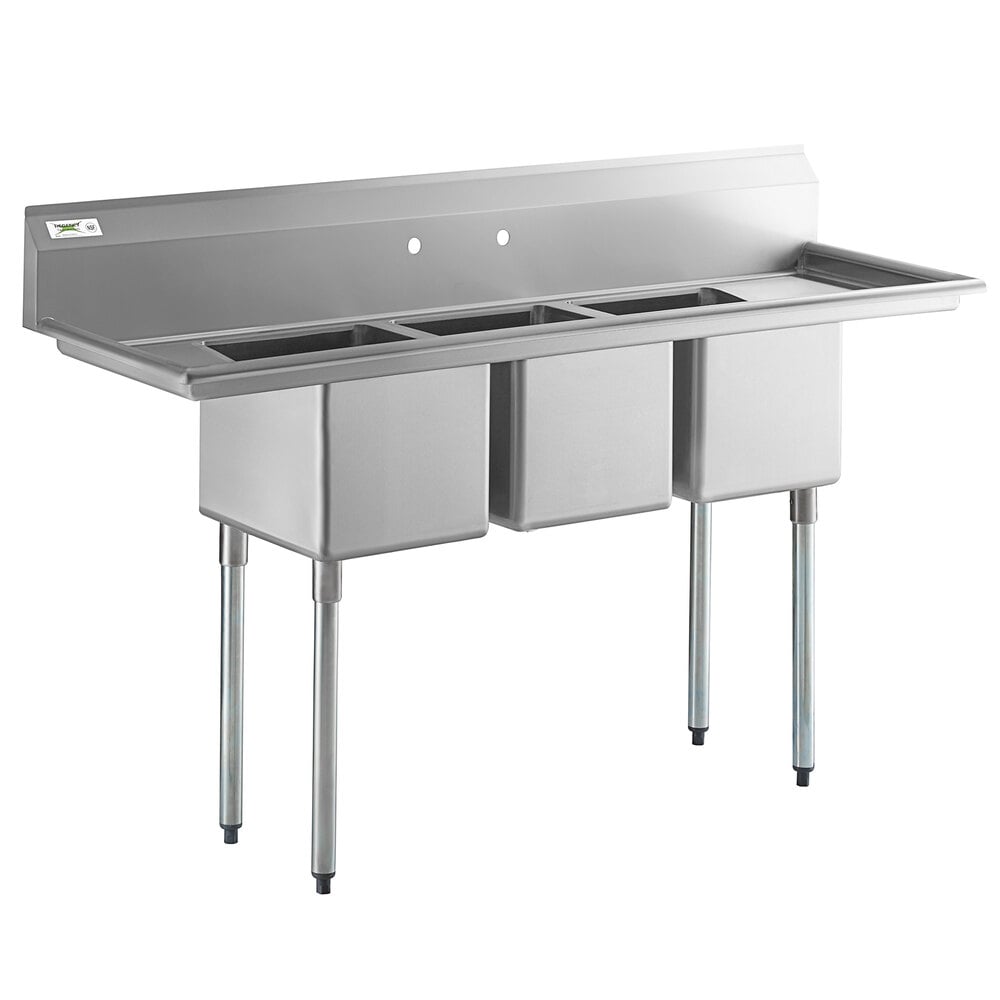 Regency 70 inch 16 Gauge Stainless Steel Three Compartment Sink with Galvanized Steel Legs and Two Drainboards - 14 inch x 16 inch x 12 inch Bowls