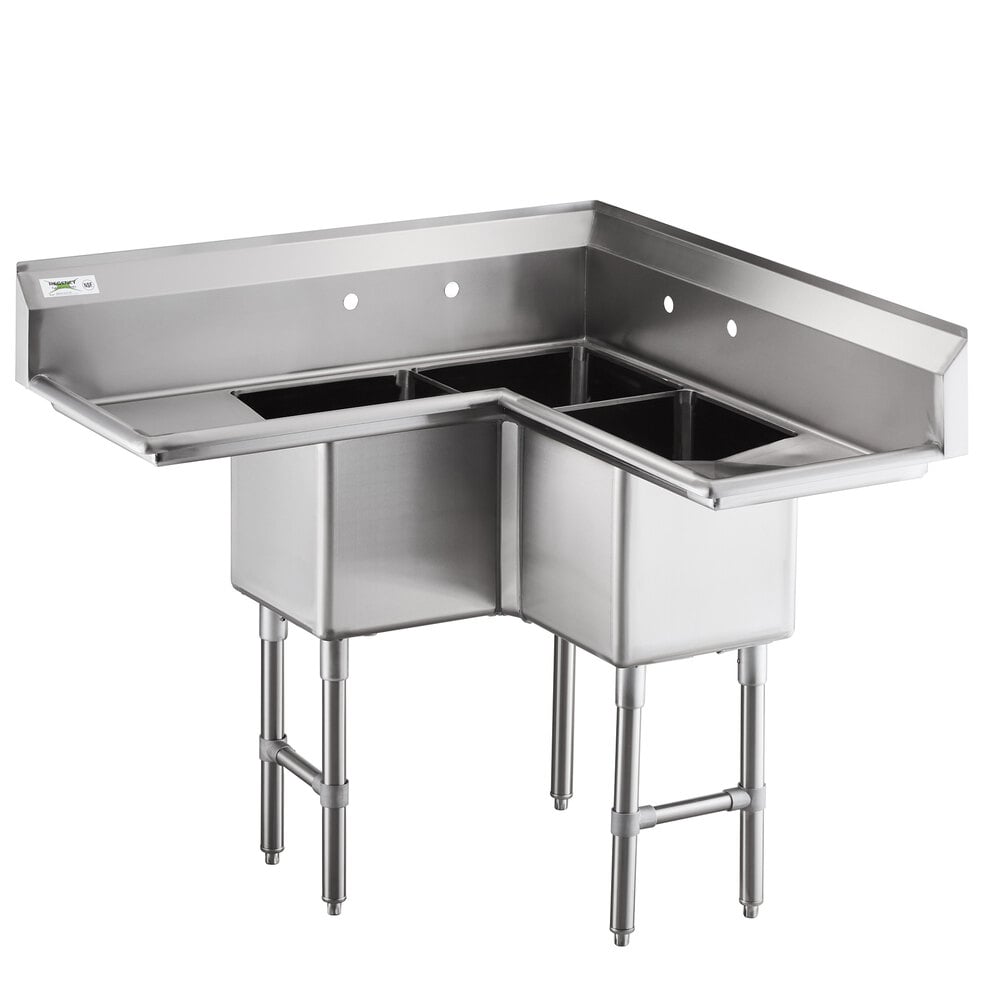 Regency 44 1/2 inch 16 Gauge Stainless Steel Three Compartment Commercial Corner Sink with Two Drainboards - 14 inch x 14 inch x 14 inch Bowls