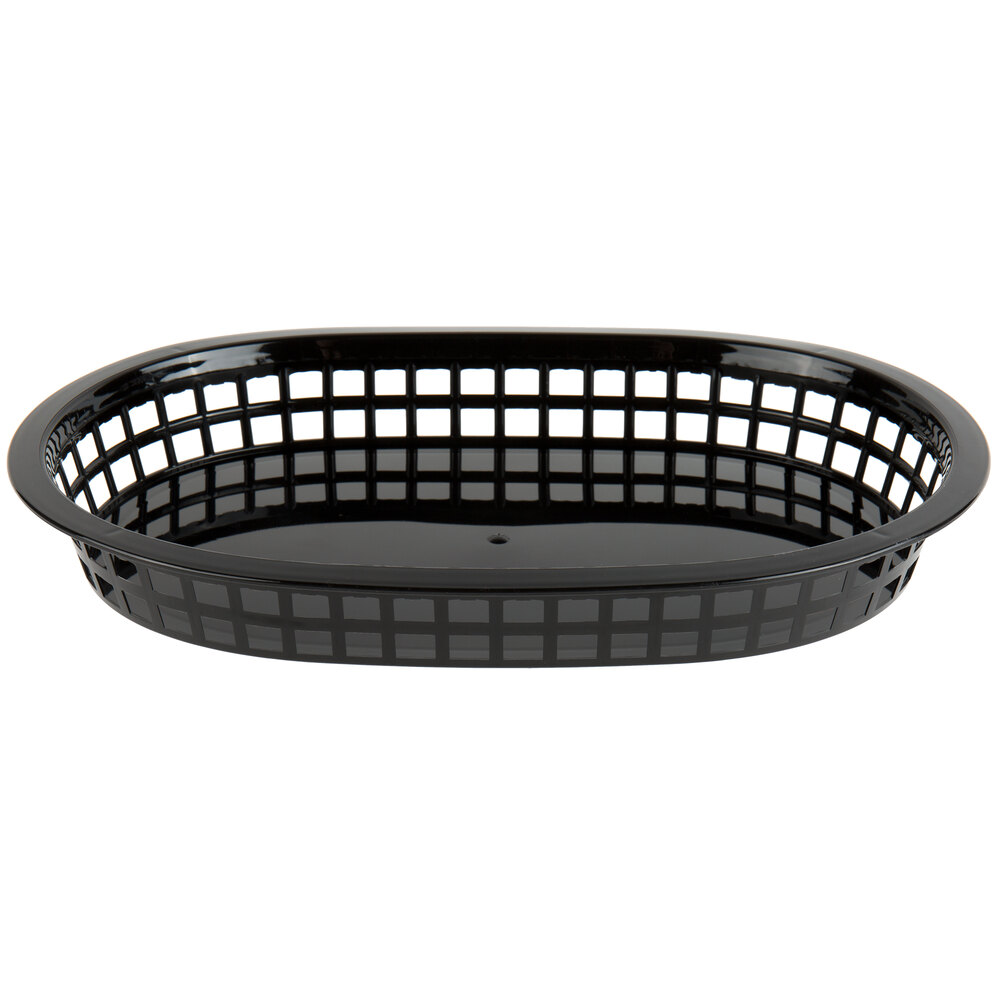 Choice 11" x 7" x 1 1/2" Black Oval Plastic Fast Food Basket 12/Pack