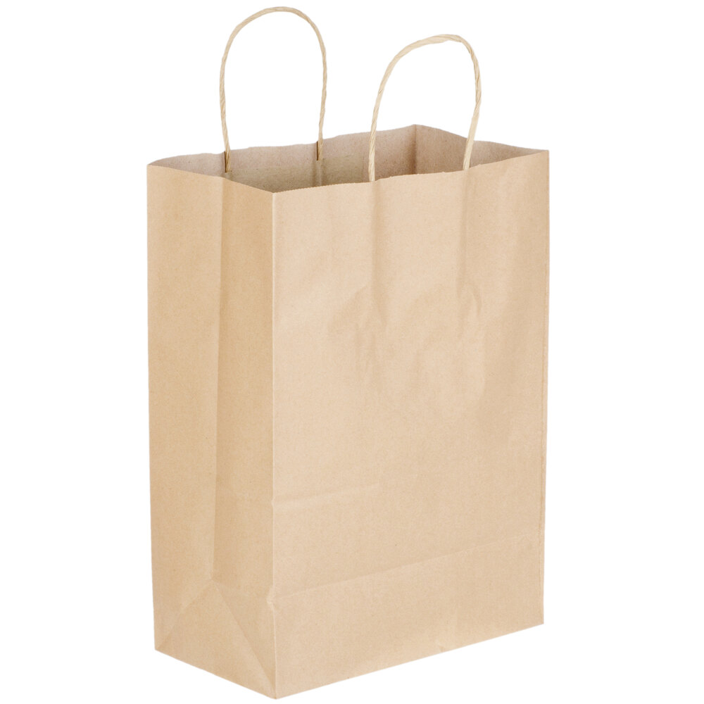 Small 9 5/8" x 5 1/4" x 13 3/8" Natural Kraft Shopping Bag with Handles