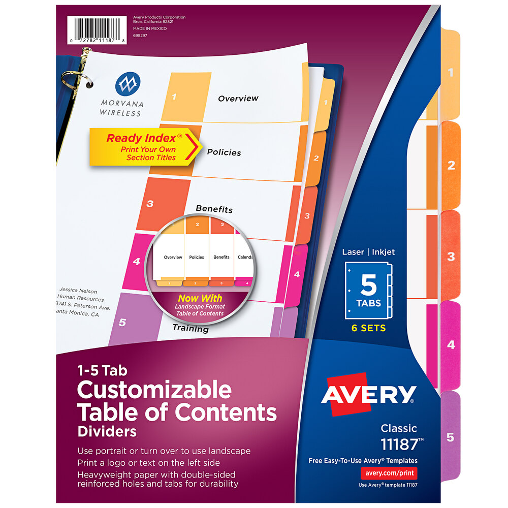 Avery® 11187 Ready Index 5Tab MultiColor Table of Contents Divider
