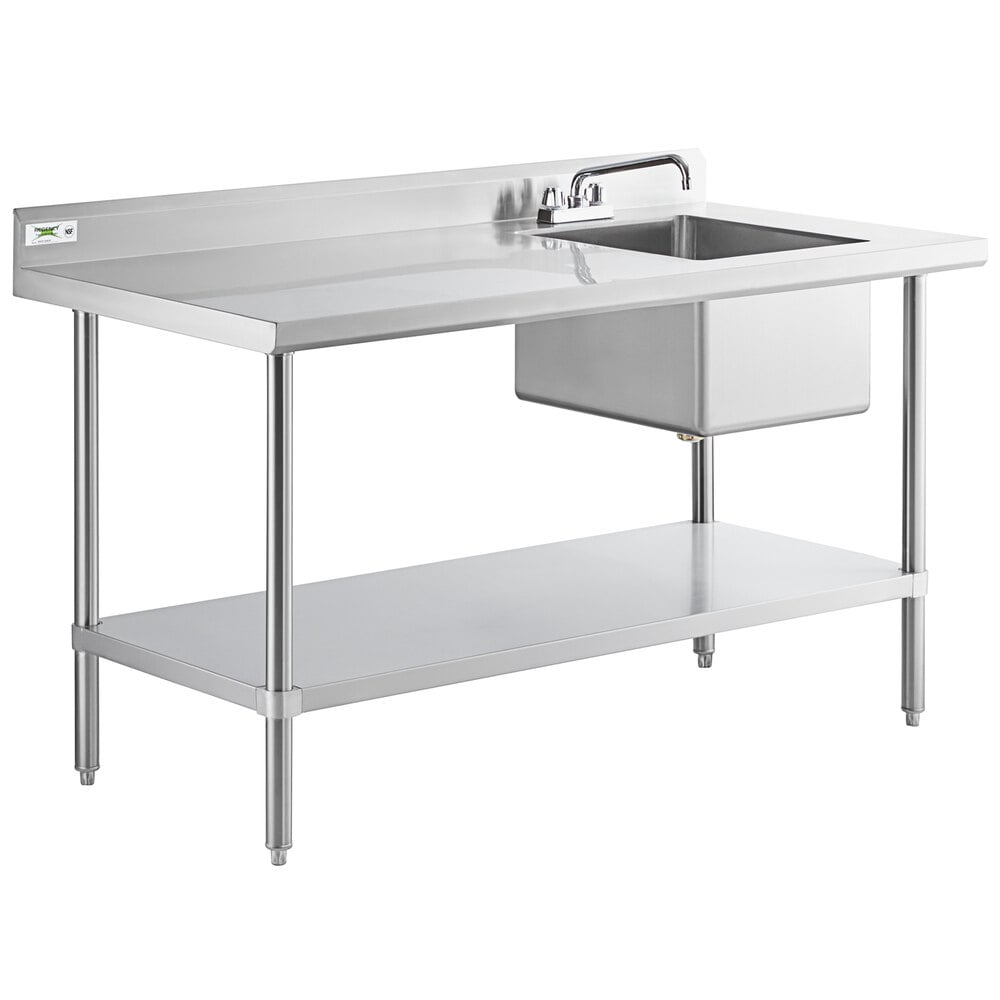 A stainless steel work table with a right-side sink, faucet, and lower shelf.