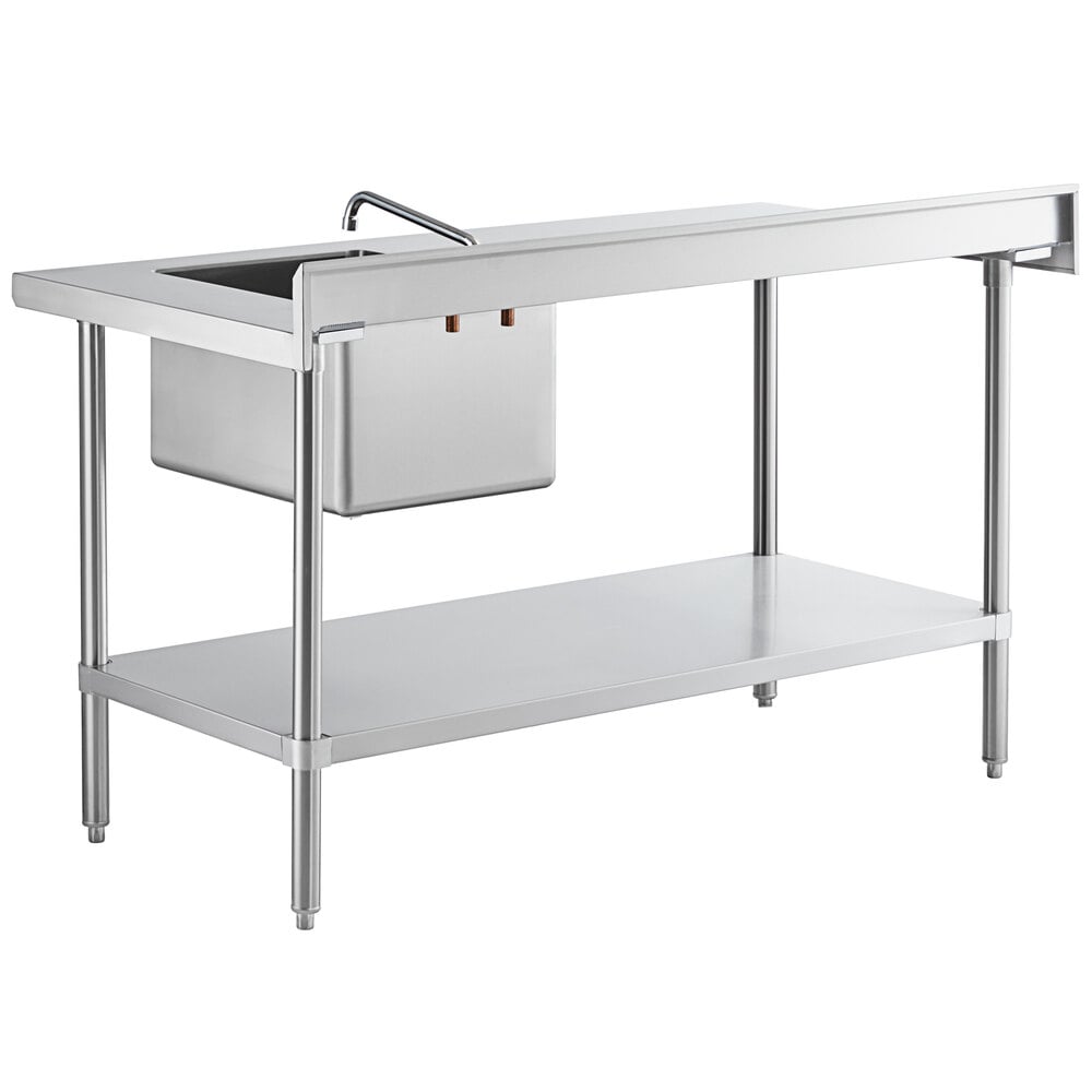 A stainless steel work table with an integrated sink and faucet, featuring a lower shelf and the sink positioned on the right side.
