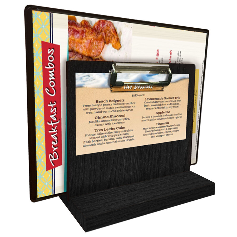 Menu Solutions WDMHS 3" x 7" Black Wood Tabletop Menu Caddy with Clip