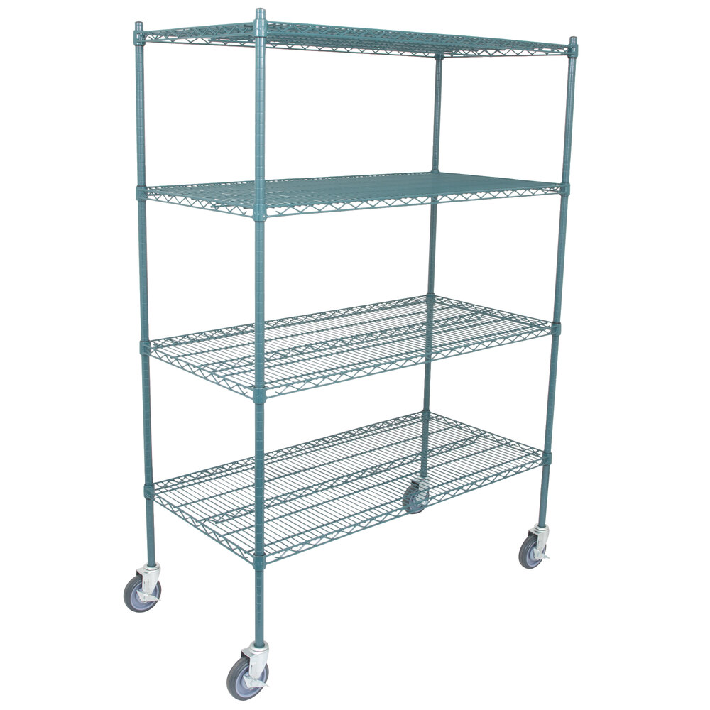 Regency 24 inch x 48 inch NSF Green Epoxy 4-Shelf Kit with 64 inch Posts and Casters