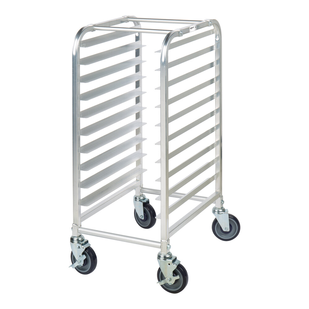 A metal rack with ten horizontal slots and four caster wheels, designed for holding trays or pans.