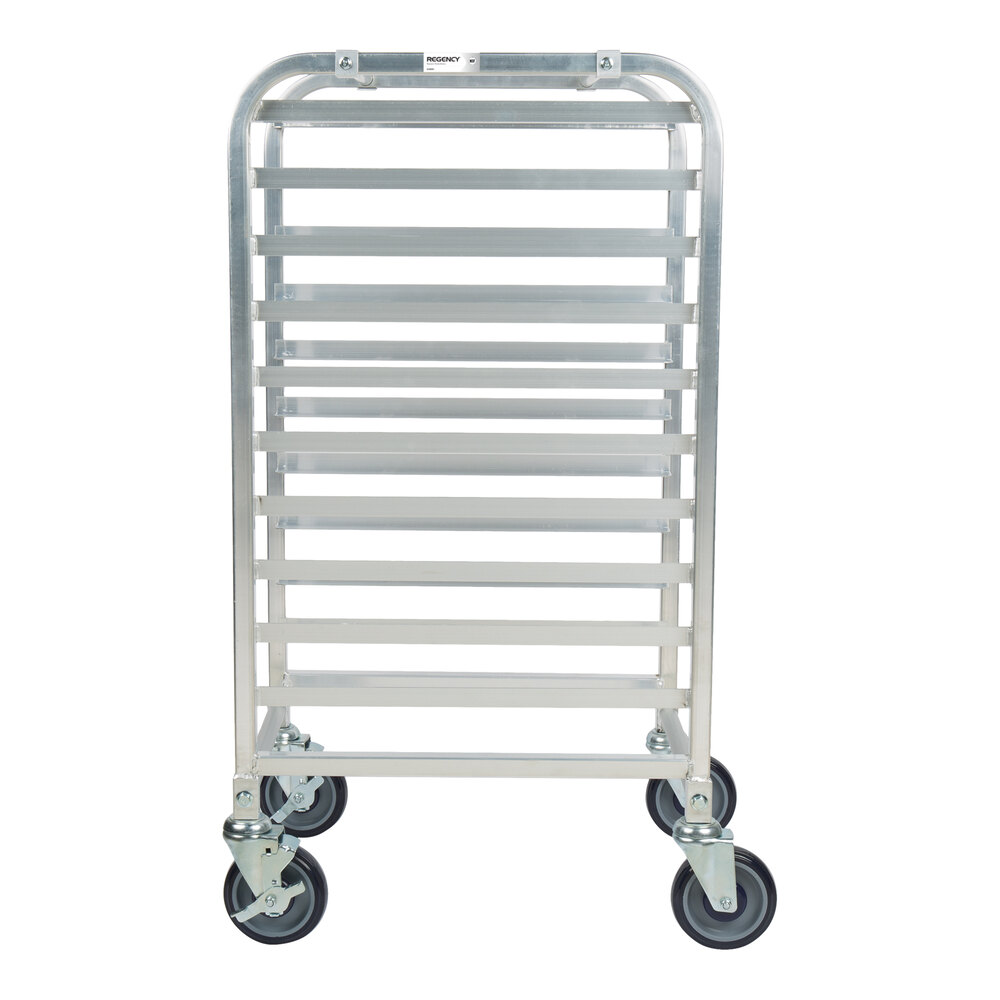 A metal rack with ten horizontal slots and four caster wheels, designed for holding trays or pans.