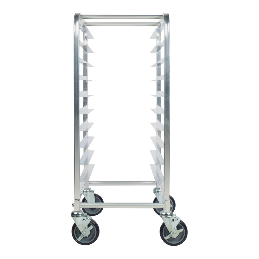 A metal rack with multiple horizontal slots and four large caster wheels, viewed from the end.