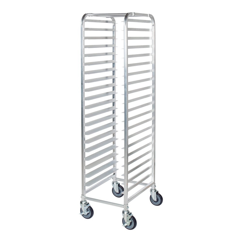 A tall, silver metal rack with multiple horizontal slots and four caster wheels at the base.