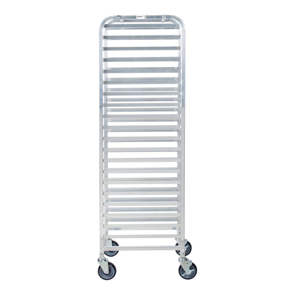 A tall, silver metal rack with multiple horizontal slots and four caster wheels at the base.