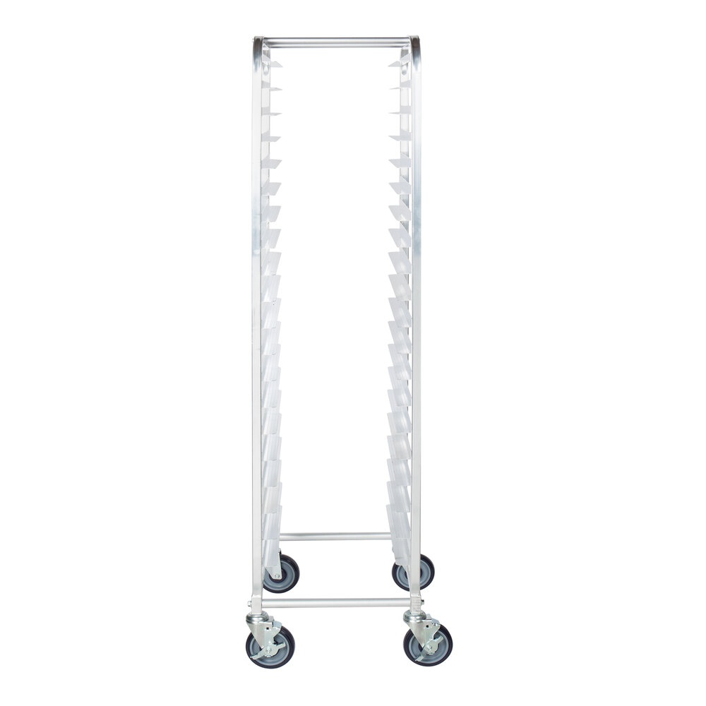 A tall, narrow metal rack with multiple slots on each side and four caster wheels at the base.