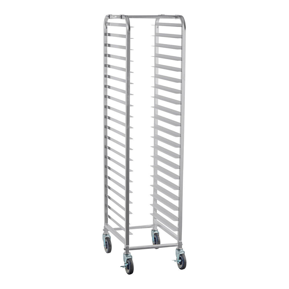 A tall, metal rack with multiple horizontal slots and four caster wheels at the base.