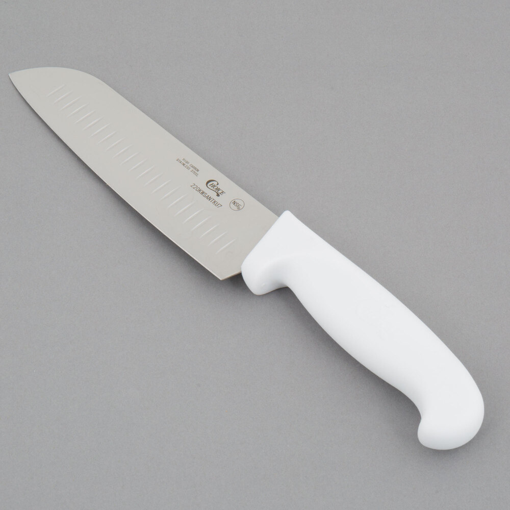 Choice 7" Santoku Knife with Granton Edge and White Handle