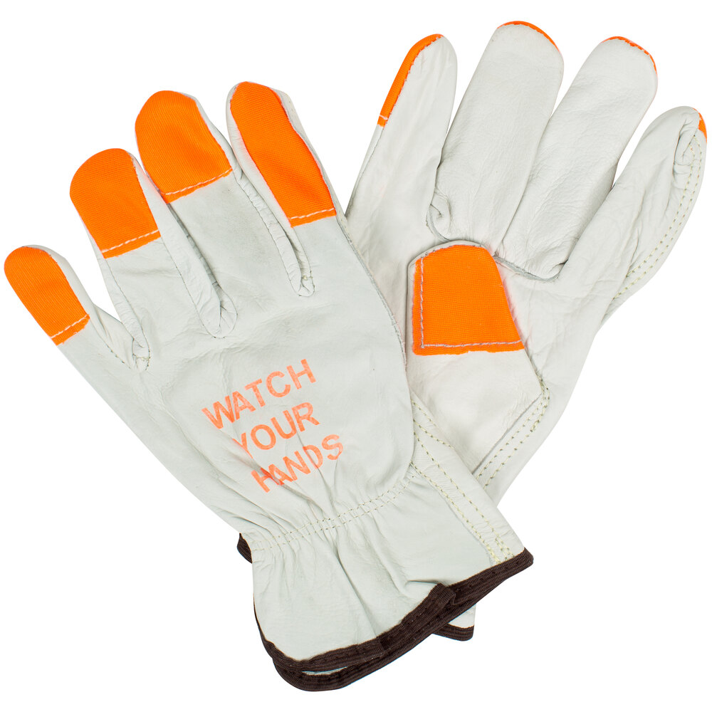 Standard Grain Cowhide Leather Driver's Gloves with HiVis Orange Fingertips and "Watch Your