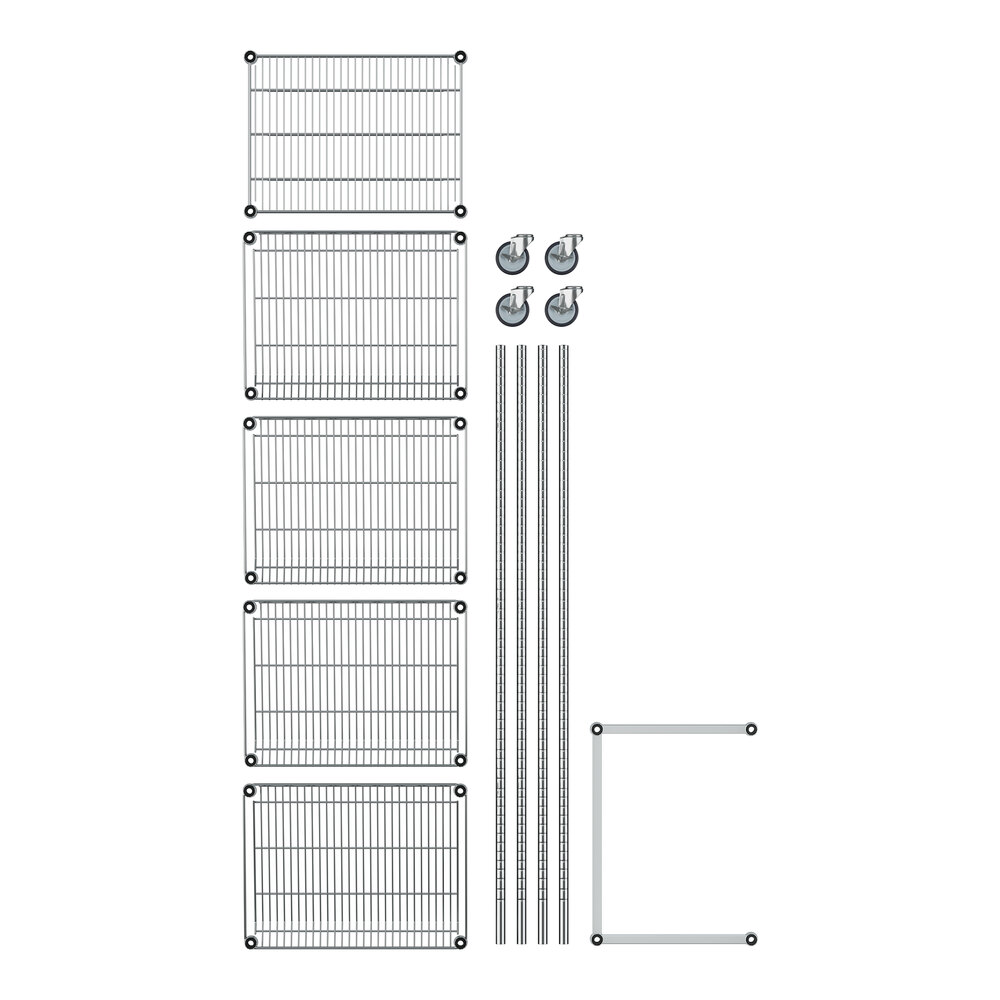 A Regency chrome wire rack with angled shelves and wheels.