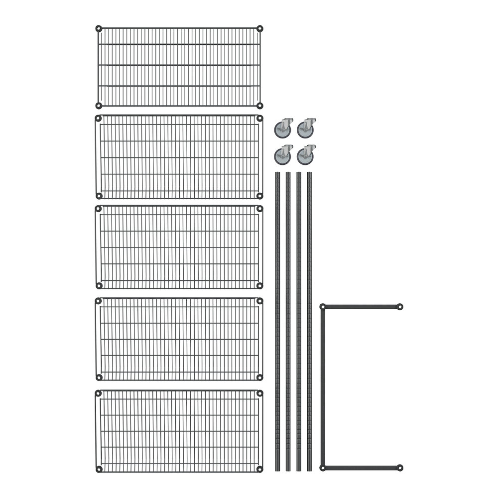 A drawing of a Regency black wire angled mobile merchandising rack with four shelves.