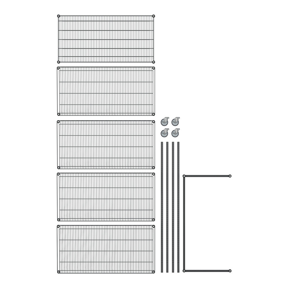 A close-up of a black metal Regency wire grid shelf.