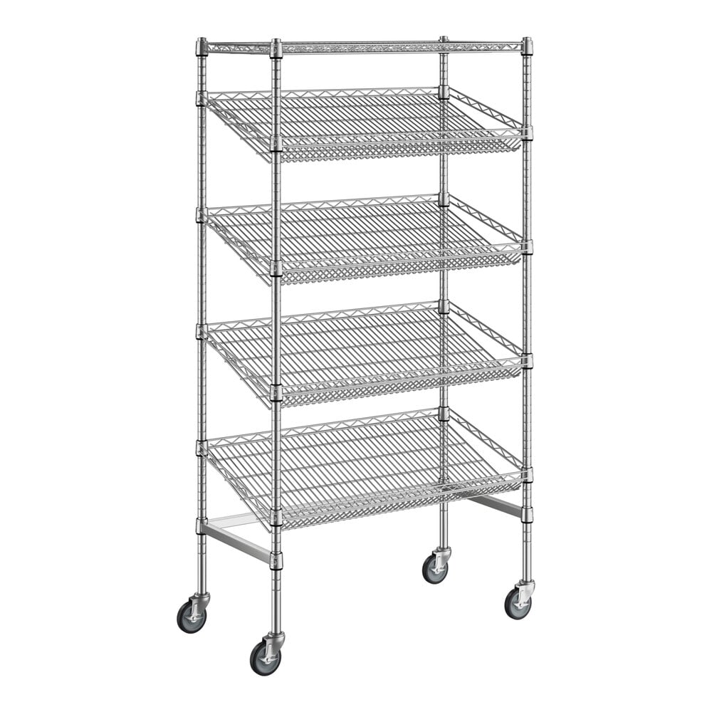 A Regency chrome wire shelving unit with angled shelves and wheels.