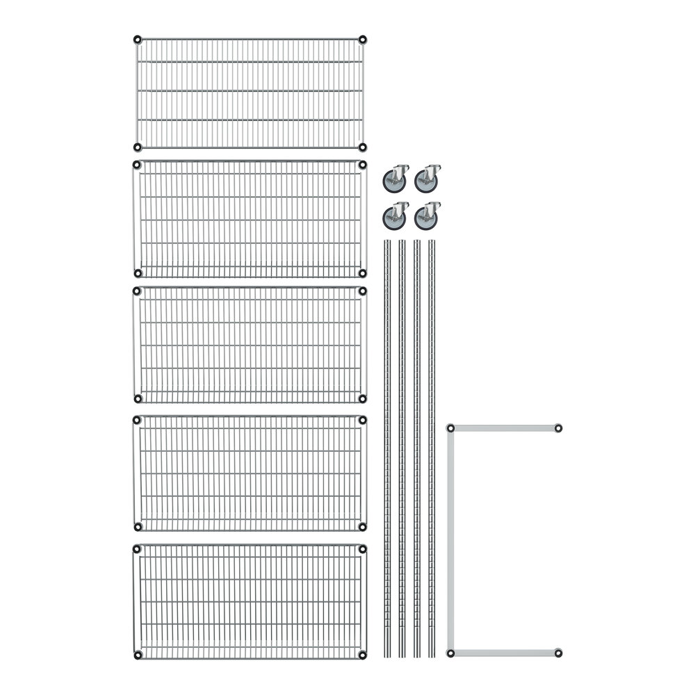 A white rectangular wire rack with black wheels.