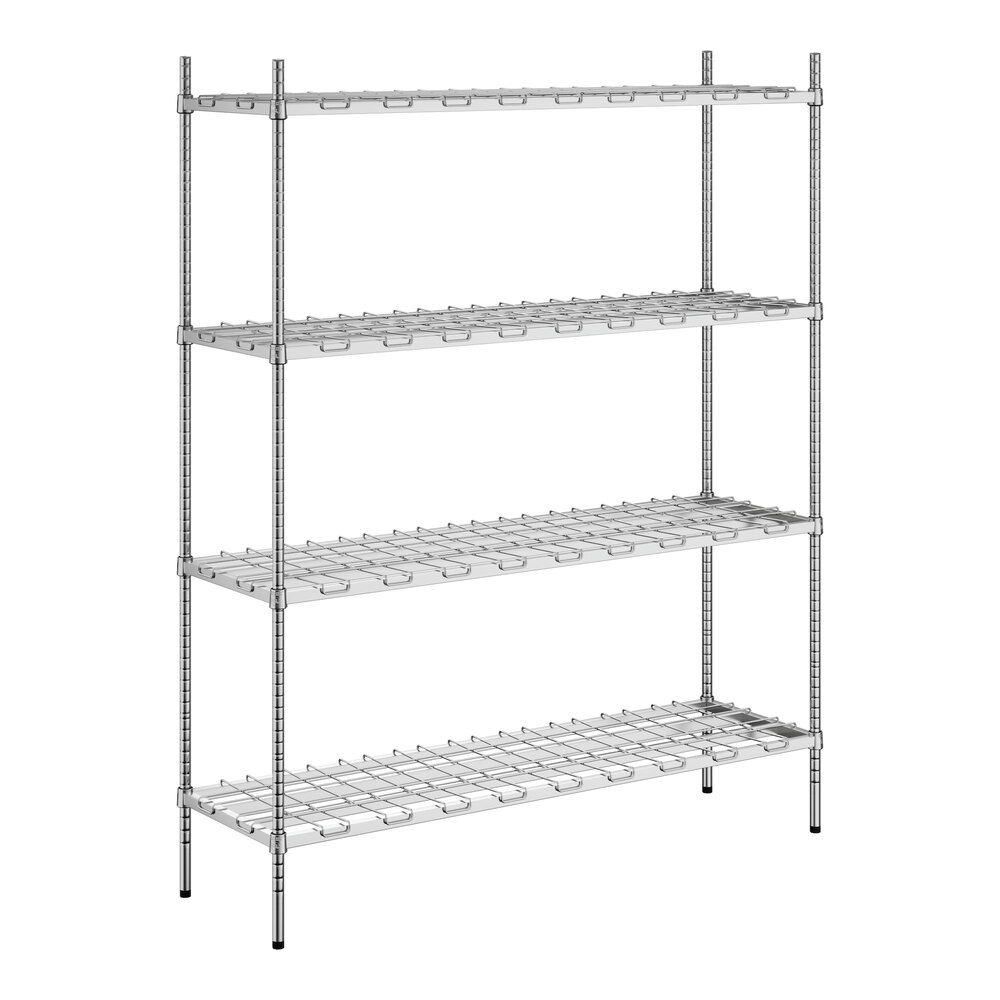 A Regency chrome metal dunnage shelving unit with four shelves.