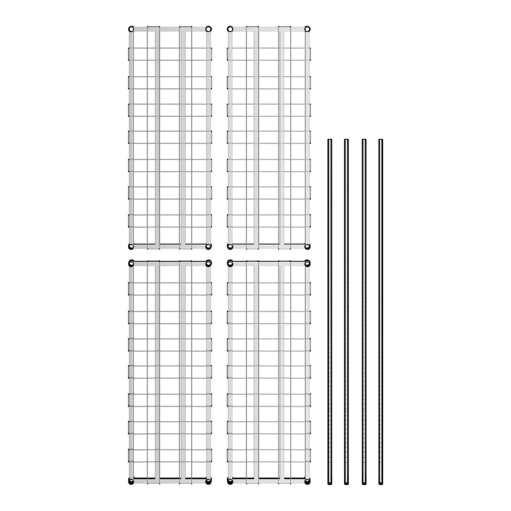 A Regency chrome dunnage shelving unit with four metal wire shelves and bars.