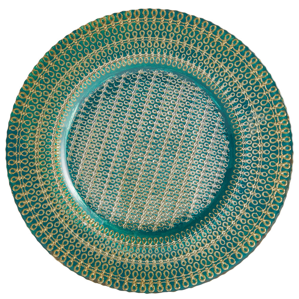 The Jay Companies 1875003AG 13" Aqua and Gold Round Glass Charger Plate