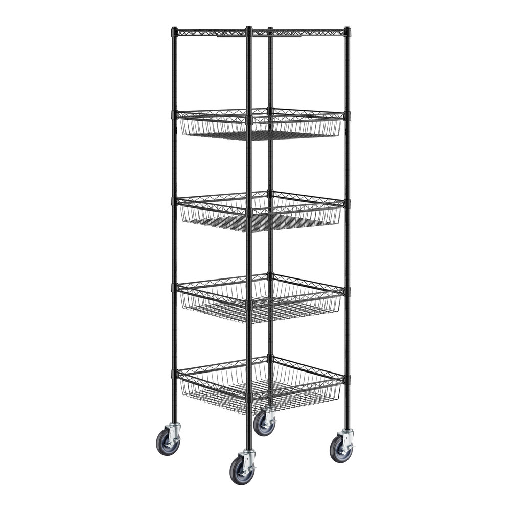 A black wire shelving unit with 4 baskets and 1 shelf.