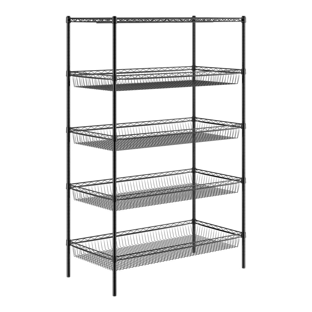 A Regency black wire shelving unit with four shelves and one basket.