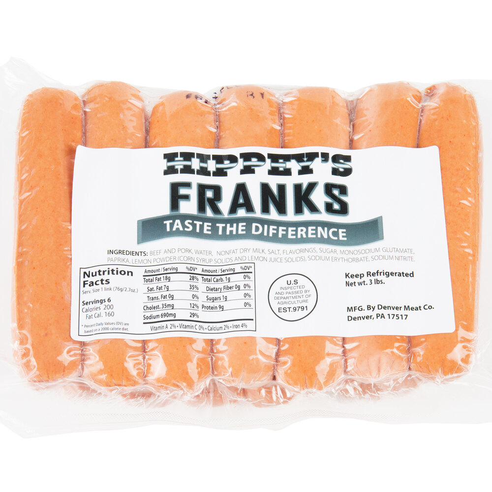 Hippey's 3 lb. Regular Hot Dog Franks Bulk 6/Case