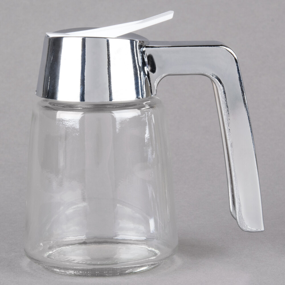 Tablecraft 1270 8 oz. Modern Glass Syrup Dispenser with Chrome Plated