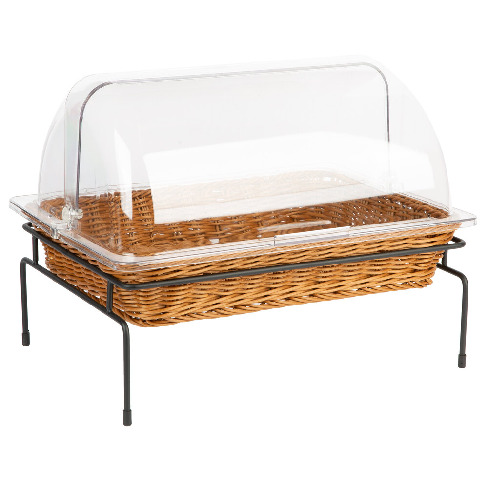 Natural Rectangular Wicker Merchandising Basket with Lid and Metal Stand