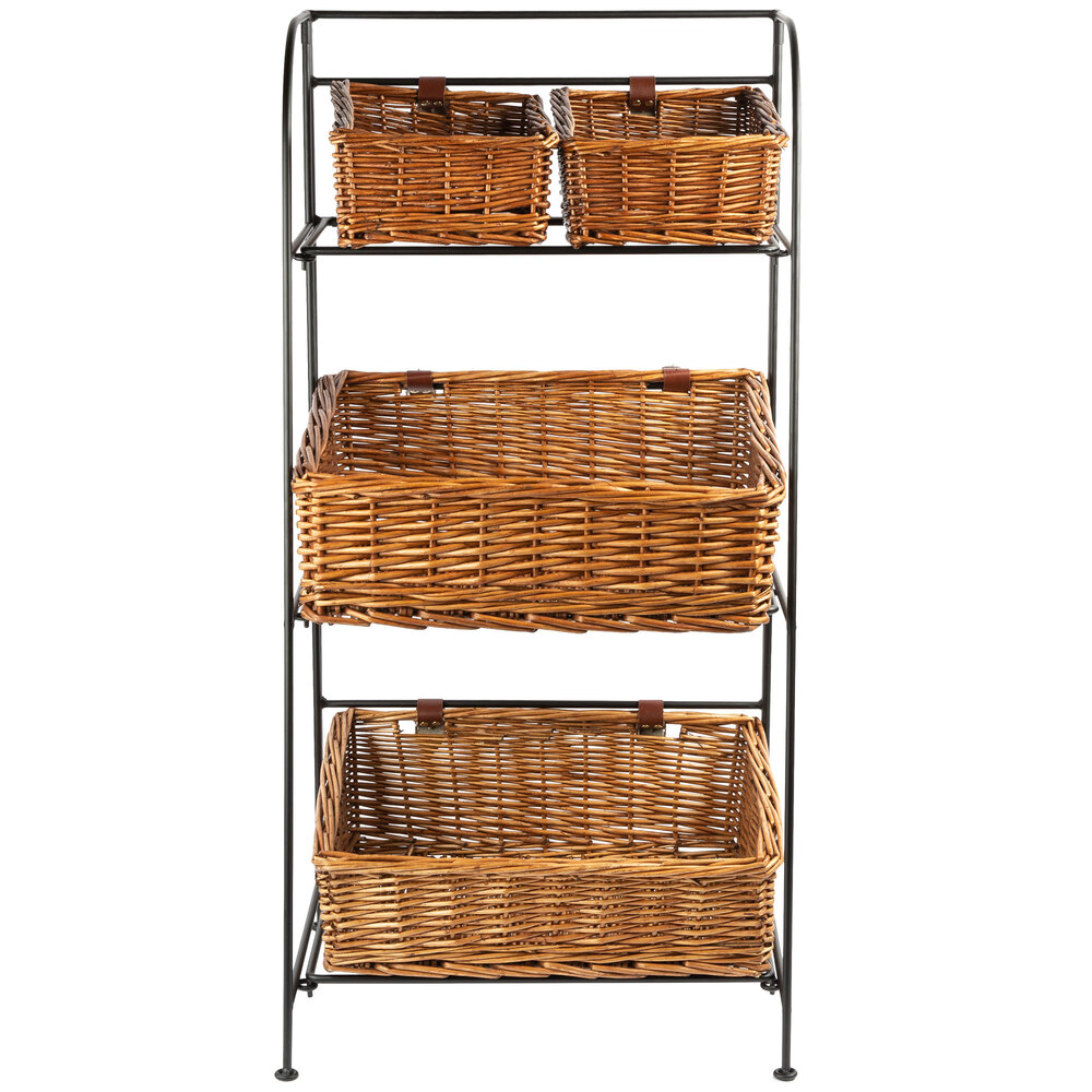 Natural Rectangular 3 Tier Merchandising Rack with 4 Baskets 18" x 35"