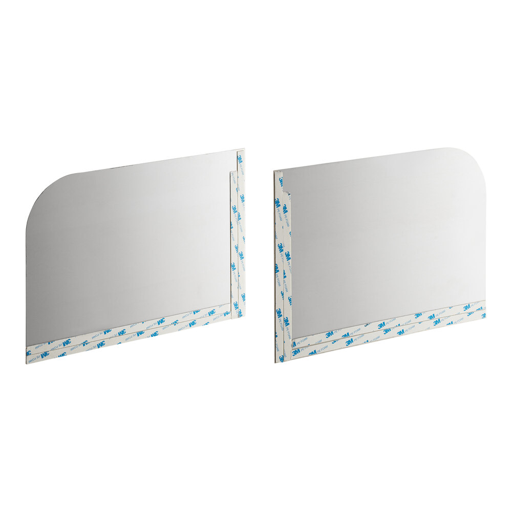 Two rectangular stainless steel panels with one rounded corner each, featuring protective film and adhesive strips along the edges.