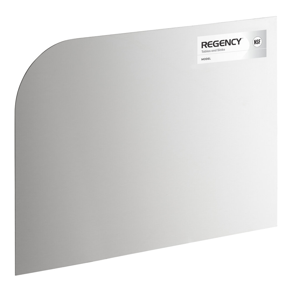 A rectangular stainless steel panel with one rounded corner and a label in the top right corner.