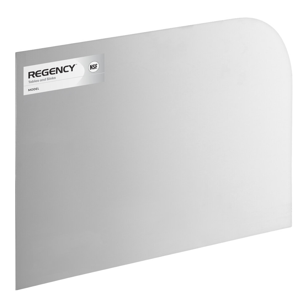 A rectangular stainless steel panel with a rounded top right corner and a label in the upper left corner.