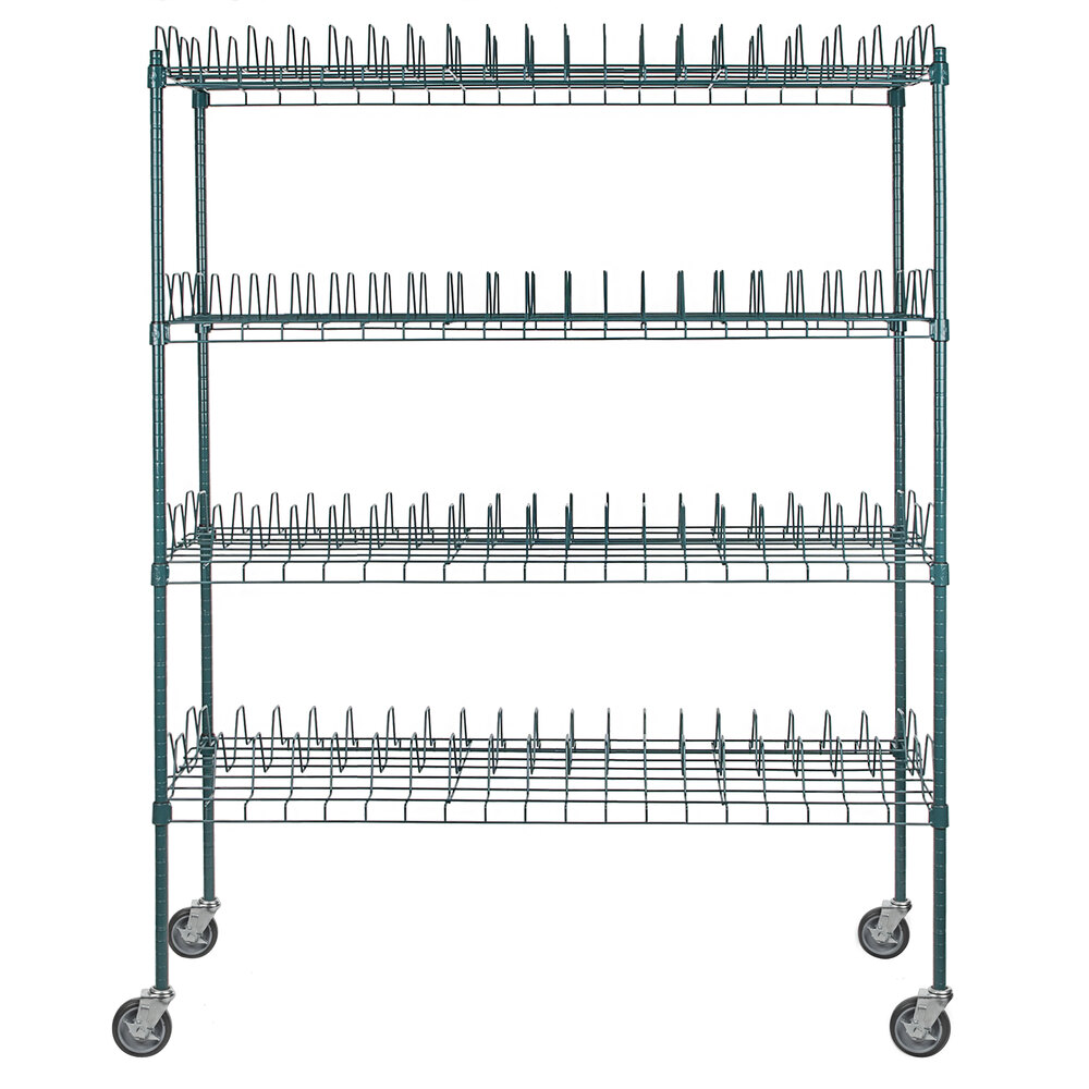 Regency 24 inch x 60 inch Green Epoxy Drying Rack 4-Shelf Kit with 64 inch Posts and Casters - 3 inch Slots