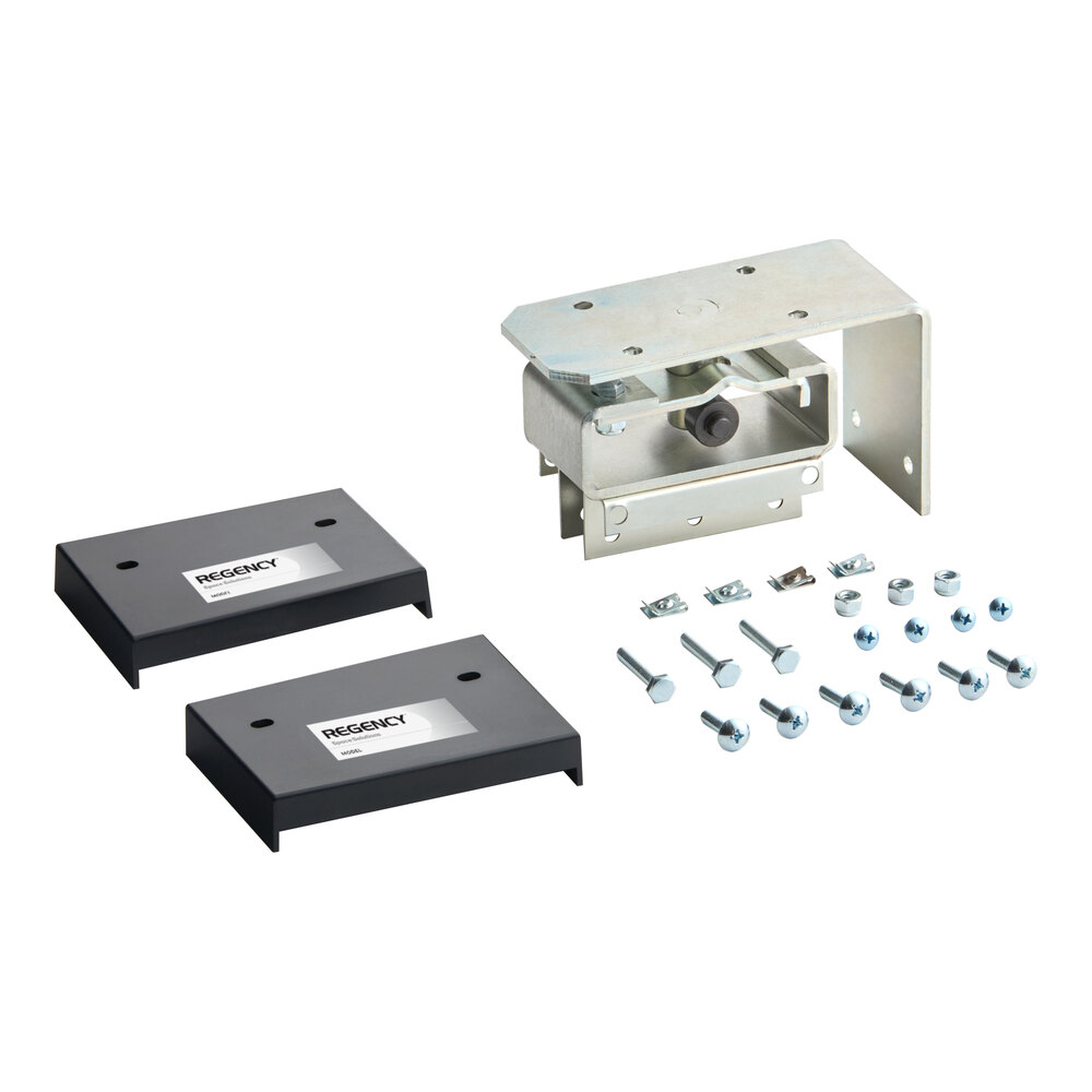 A metal bracket assembly, two rectangular black plates, and an assortment of screws and bolts are arranged on a white background.