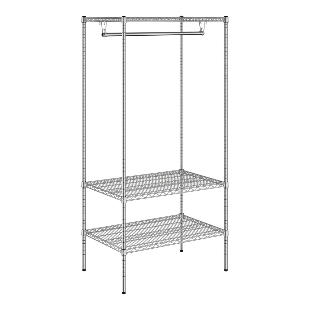 A wireframe of a Regency chrome garment rack with shelves.