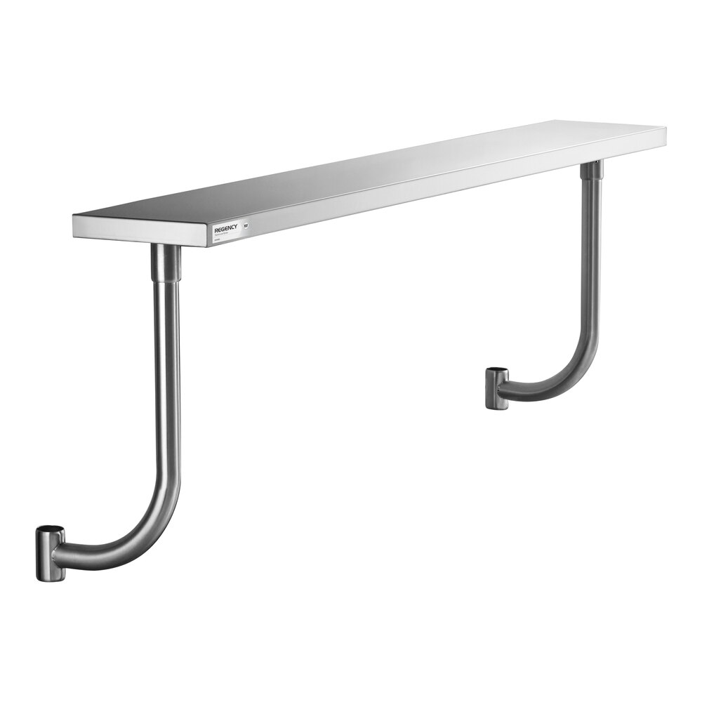 A long, rectangular stainless steel shelf with two curved metal supports attached underneath.