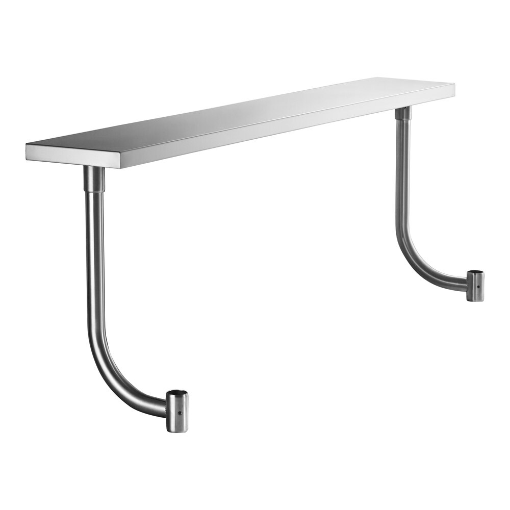 A rectangular stainless steel work surface with two curved metal support legs.
