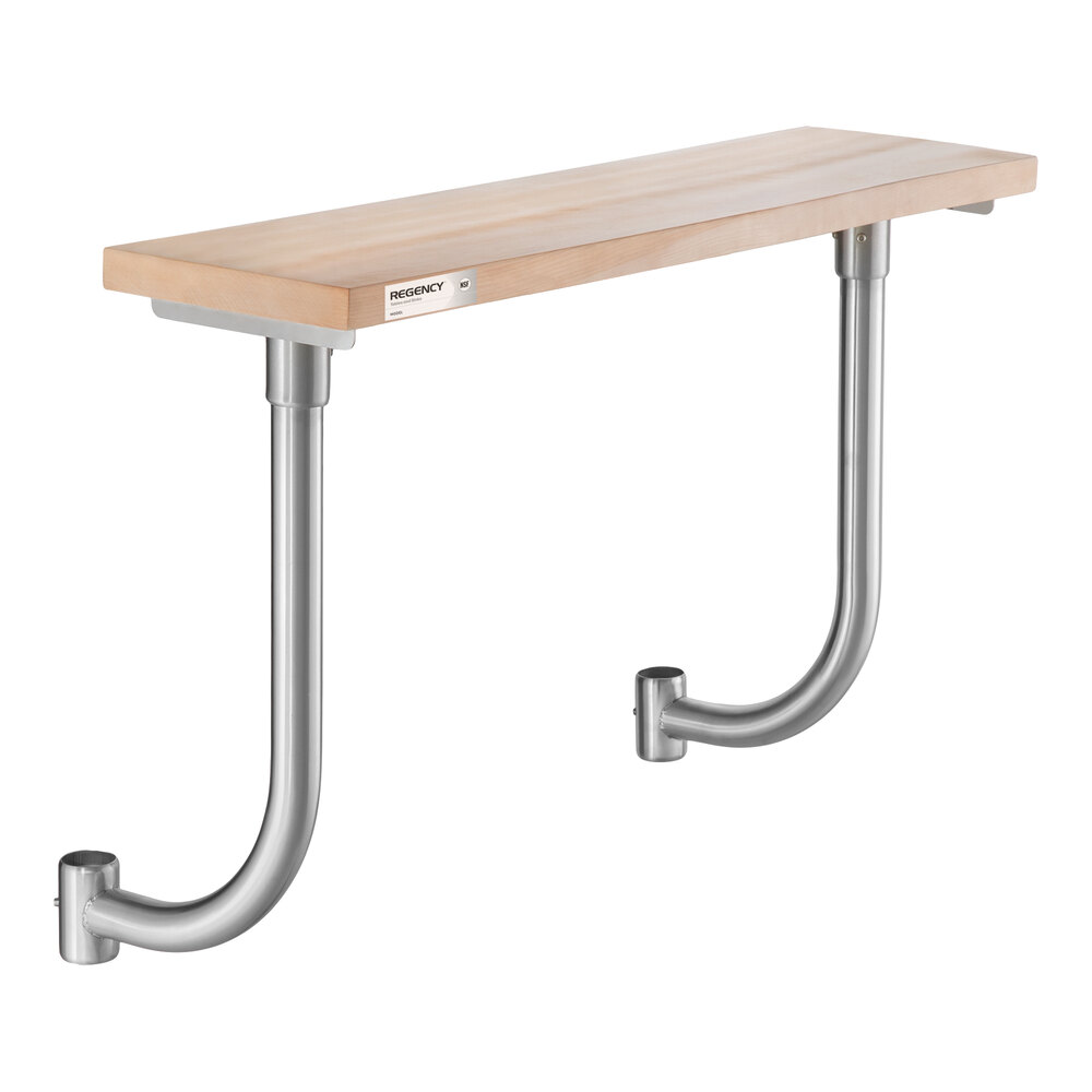A rectangular wooden board mounted on two curved metal supports attached to a wall.